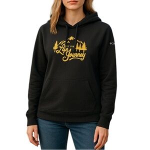 COLUMBIA Graphic Hoodie Black Mustard Yellow Live The Journey Sweatshirt Size XS